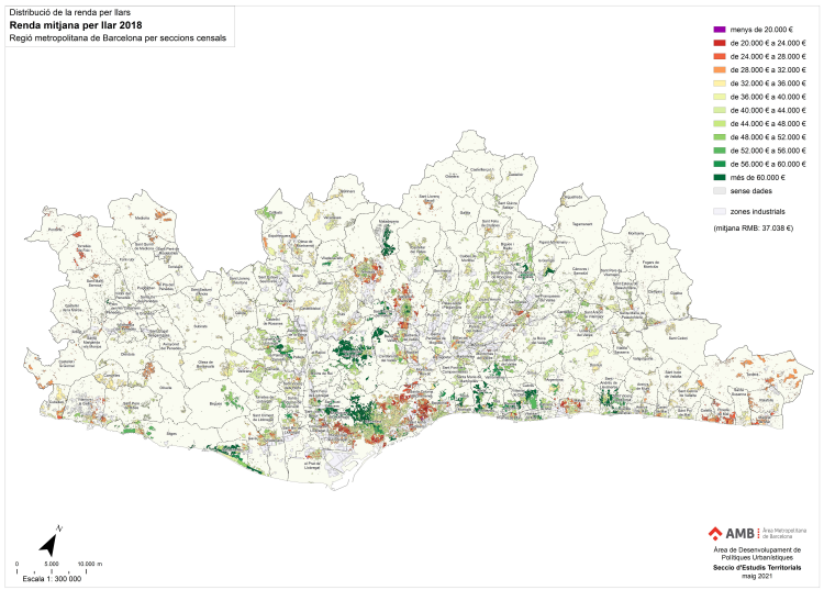 Distribucion de la renta por hogares en la region metropolitana de Barcelona